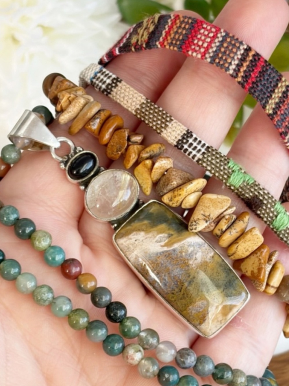 Onyx Golden Rutile Quartz Ocean Jasper Pendant Necklace Jewelry Set Lot New 925